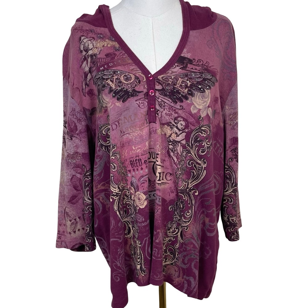 Vtg Gitano Graphic Hoodie Henley Top Women 22/24 Purple Y2K Rhinestone Fairycore